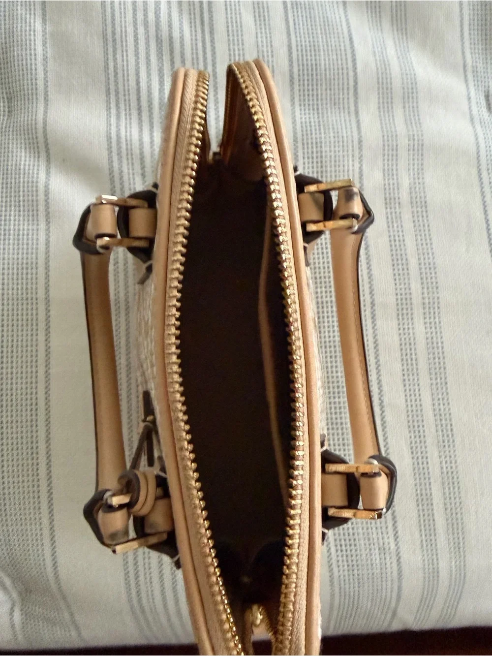 Tory Burch Cream and Light Blue Quilted Logo Satchel